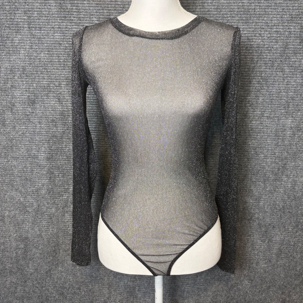 Elodie NWT Black Glitter Sheer Mesh Bodysuit Long Sleeve Party Top Small